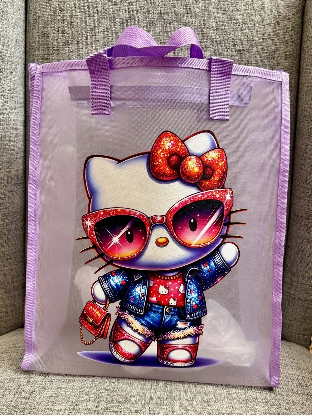 Hello Kitty Purple Clear Tote with Glitter Bow and Sunglasses